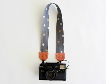 Nikon camera strap, polka dot camera strap, DSLR camera strap, stylish camera strap, grey gold white pink