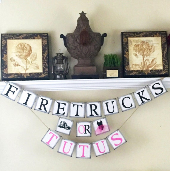 Gender Reveal Banner Firetrucks or Tutus Baby by WeefersDesigns
