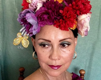 Day of the Dead Headpiece with purple detachable veil, skeleton hand, butterfly and dove, Dia de los Muertos Crown, Frida Kahlo hairpiece