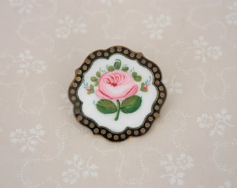 Art Deco Rose Brooch, Black And Pink Brooch, Floral Enamel Brooch, Vintage Rose Brooch, Antique Rose Brooch