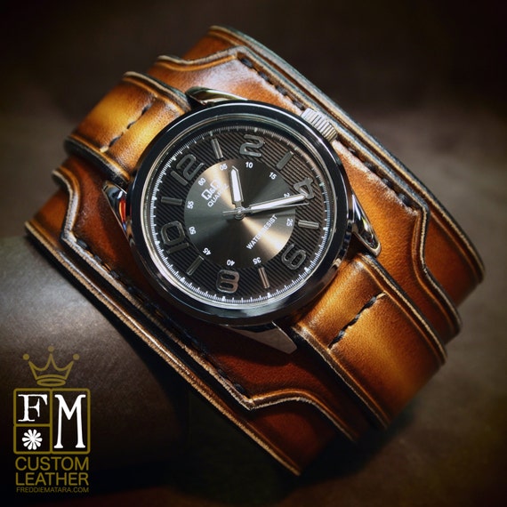 Leather cuff watch Brown Tobacco fade 2.5" wide layered Brown watch band cuff Bracelet Handmade for YOU in NYC by Freddie Matara