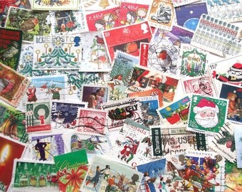 Christmas postage stamps | Nativity, Santa, Snowmen, Robins, Christmas Trees, Red, Green | modern + vintage used stamps Christmas card craft