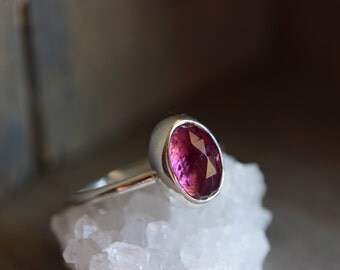 Pink Tourmaline Ring. Faceted Stone. Dark Pink Gemstone Ring. October Birthstone. Stackable Gemstone Sterling Silver Bezel Ring. Pink Stone