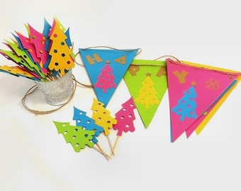 Choice Happy Christmas Banner or 12 Mod Tree Cupcake Toppers, Retro Style Die Cut Paper Bunting & Buffet Food Picks, Holiday Party Decor