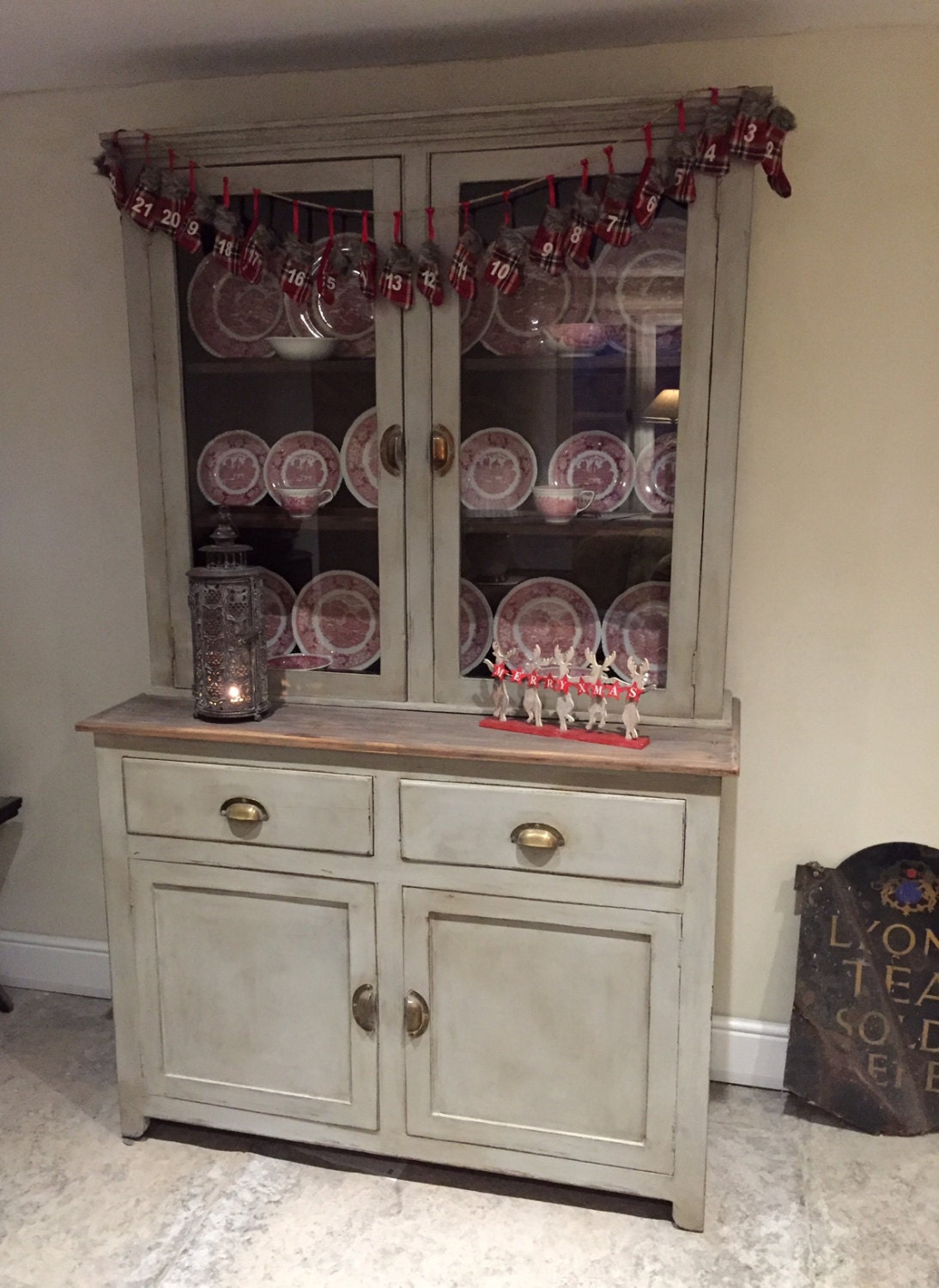 Vintage Grey Shop Cabinet Style Glass Fronted Dresser Display