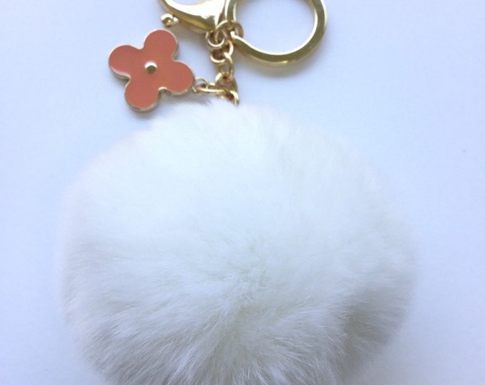 Snow White fur pom pom keychain REX Rabbit fur pom pom ball with flower bag charm