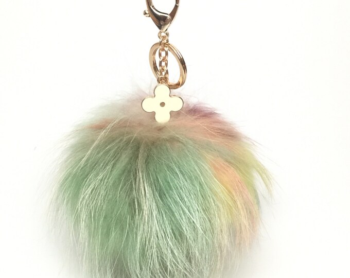NEW Collection Dimensional Swirl™ Multi Color Raccoon Fur Pom Pom bag charm clover flower charm keychain piece no.266