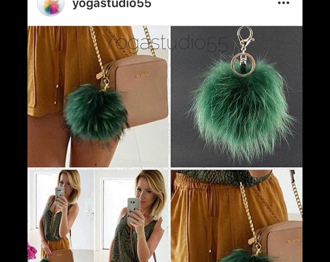 Instagram / Blogger Recommended Emerald with natural markings Raccoon Fur Pom Pom luxury bag pendant + black flower clover charm keychain