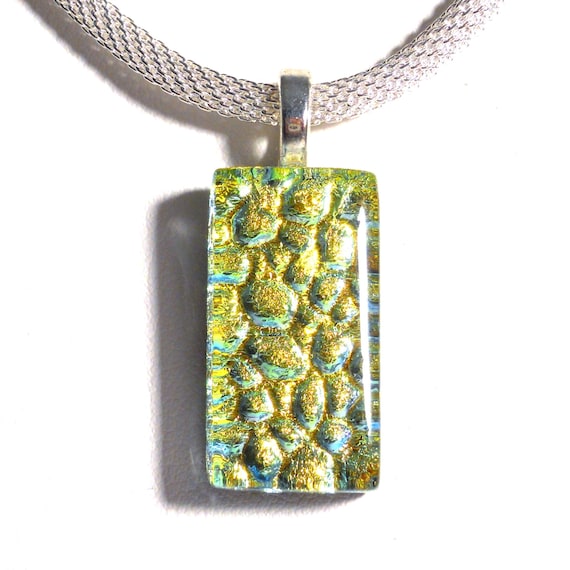 Yellow Gold Dichroic Glass Pendant, Pebble Texture, Silver Necklace
