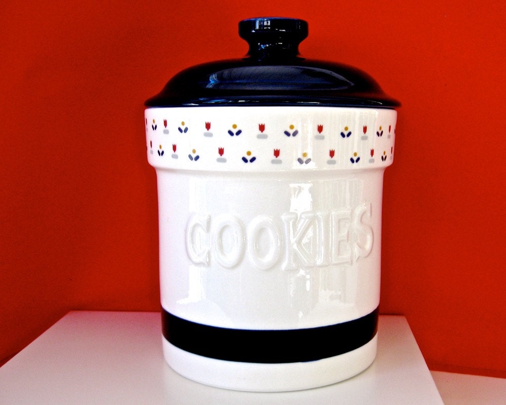 Vintage Ceramic Cookie Jar Large Ivory Navy Blue Sango