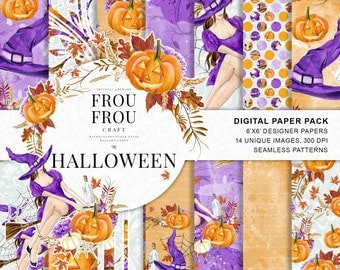 Halloween Scrapbook Halloween Paper Pack Autum Fall Background Witch Hat Pumpkin Broom Broomstick Watercolor Digital Seamless Patterns