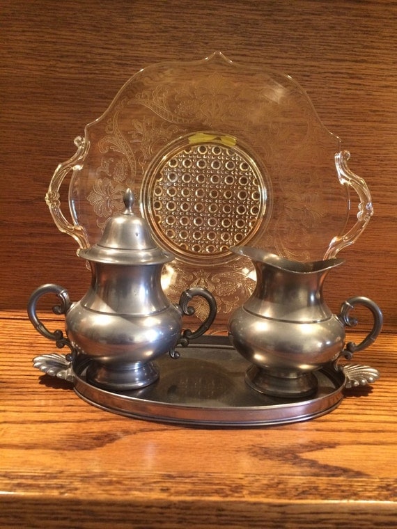 3 Pc Vintage Pewter Set Creamer Sugar Bowl with Lid and