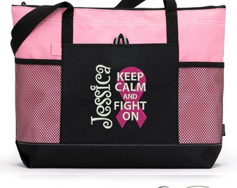 Breast Cancer Personalized Chemo, Cancer Awareness Zippered Tote Bag With Mesh Pockets, Beach Bag, Boating