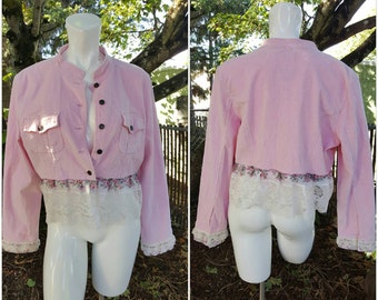 TT-Romantic Bohemian love-Womens Altered Couture jacket-SizeXL-Shabby-Country-Hippie-Peace-Remade fashion-Teen-School fashion-Roses-Lace
