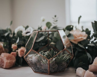 Terrarium, Glass terrarium, copper wedding centrepiece for candles and fairylights ,copper dodecahedron , succulent geo planter,