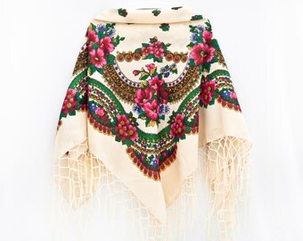 Summer Party, Beige Boho Floral Shawl with Golden Lurex Russian Shawl Chale Russe Shawl Bohemian Scarf Babushka Shawl Square Scarf (067)
