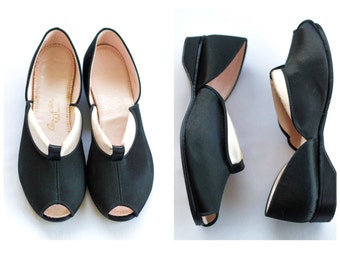 40s or 50s black and pink satin peep toe slippers SIZE 6 1/2 M