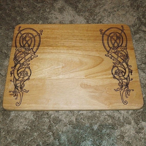 Norse Dragon engraved natural wooden serving platter kitchen chopping cheese board celtic viking mythology