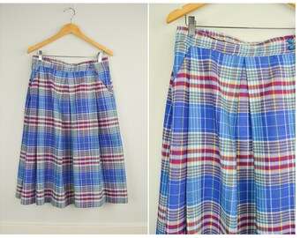 Plaid Skirt, Midi Skirt 32, High Waisted Skirt, Large, Circle Skirt, Vintage Clothing, Vintage Clothes, Spring Skirt, Purple, Blue, Retro