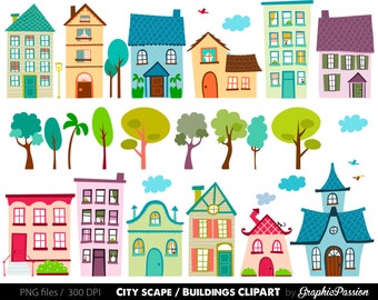 Houses Clip Art Set- houses clipart, cute houses, neighborhood, trees, church, bakery, buildings, school instant download