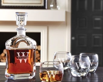5 Piece Glass Whiskey Decanter Set - (g143-1117-1/2) - Free Personalization