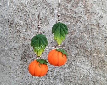 Pumpkin earrings, Halloween earrings. With leaves