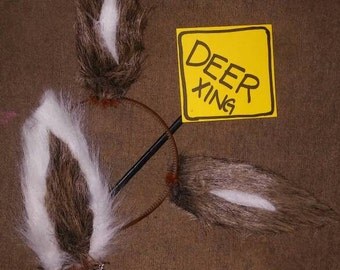 Deer Costume-Faux Fur Brindle and White Deer Ear Headband and Tail Set with mini Xing sign