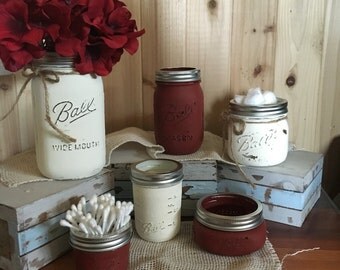 6 Piece Distressed Mason Jar Bathroom Set Unique and Rustic Off-White and Barnyard Red Color Cottage Shabby Chic Farmhouse Wedding Autumn