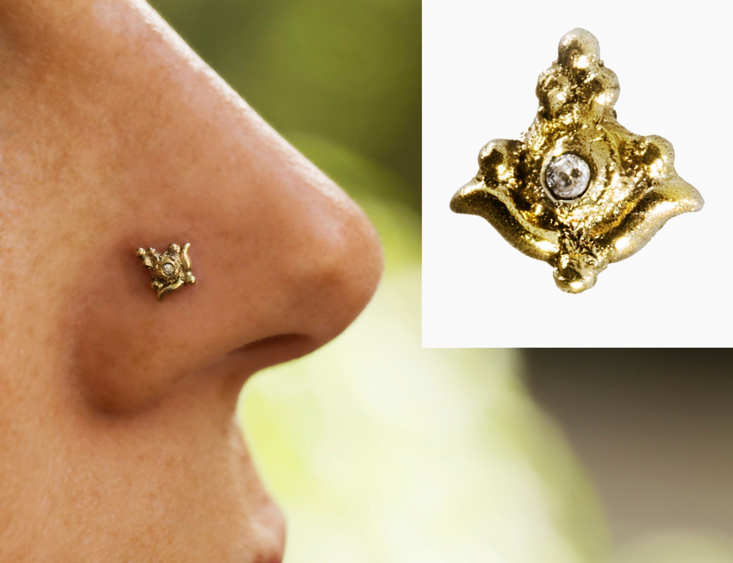 Diamond nose stud 14k gold handmade indian nose stud