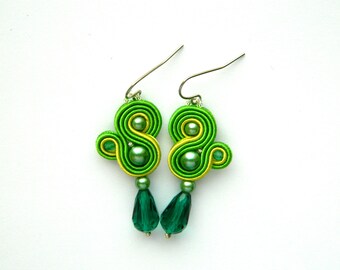 Green earrings, lime green earrings, drop earrings, dangle earrings, boho earrings, soutache earrings
