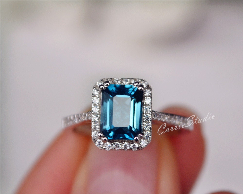 Natural London Blue Topaz Ring Emerald Cut Topaz Engagement