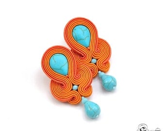 Orange Turquoise Soutache Earrings, Soutache Stud Earrings, Orange Blue Soutache Earrings, Soutache Jewelry,Post Earrings,Orecchini Soutache