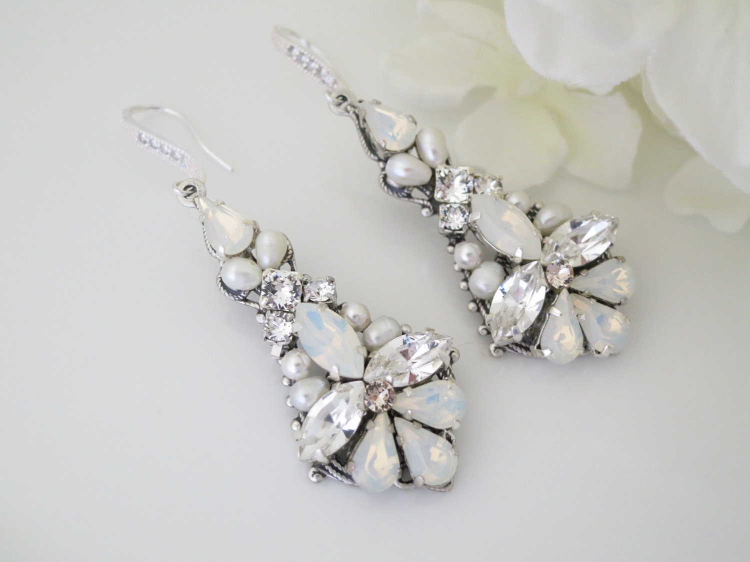 Wedding Earrings, Swarovski White Opal Statement Chandelier, Crystal and pearl bridal earring, Opal rhinestone wedding earring