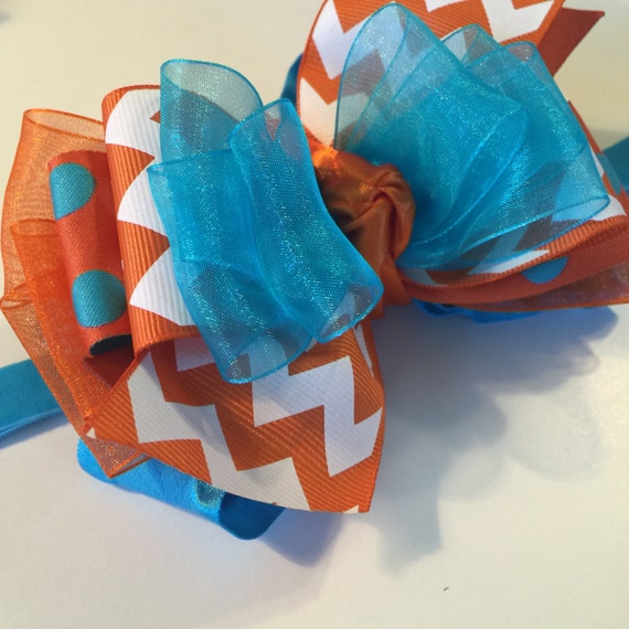 Items similar to Spring bow teal and orange stacked bow polka dot / chevron bowbaby bow