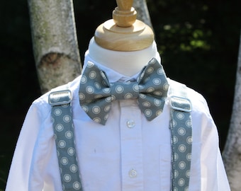 Little Boys Bow Tie and Suspender Set, Boys Gray and White Polka Dot Bow Tie and Suspender Set, Bow Tie and Suspender Set, Ready to Ship