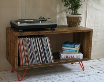 Items similar to Rustic Hairpin Leg TV Stand on Etsy - Rustic Industrial Hairpin Leg Scaffold Board Record Player Stand TV Unit  Vinyl Turntable Storage