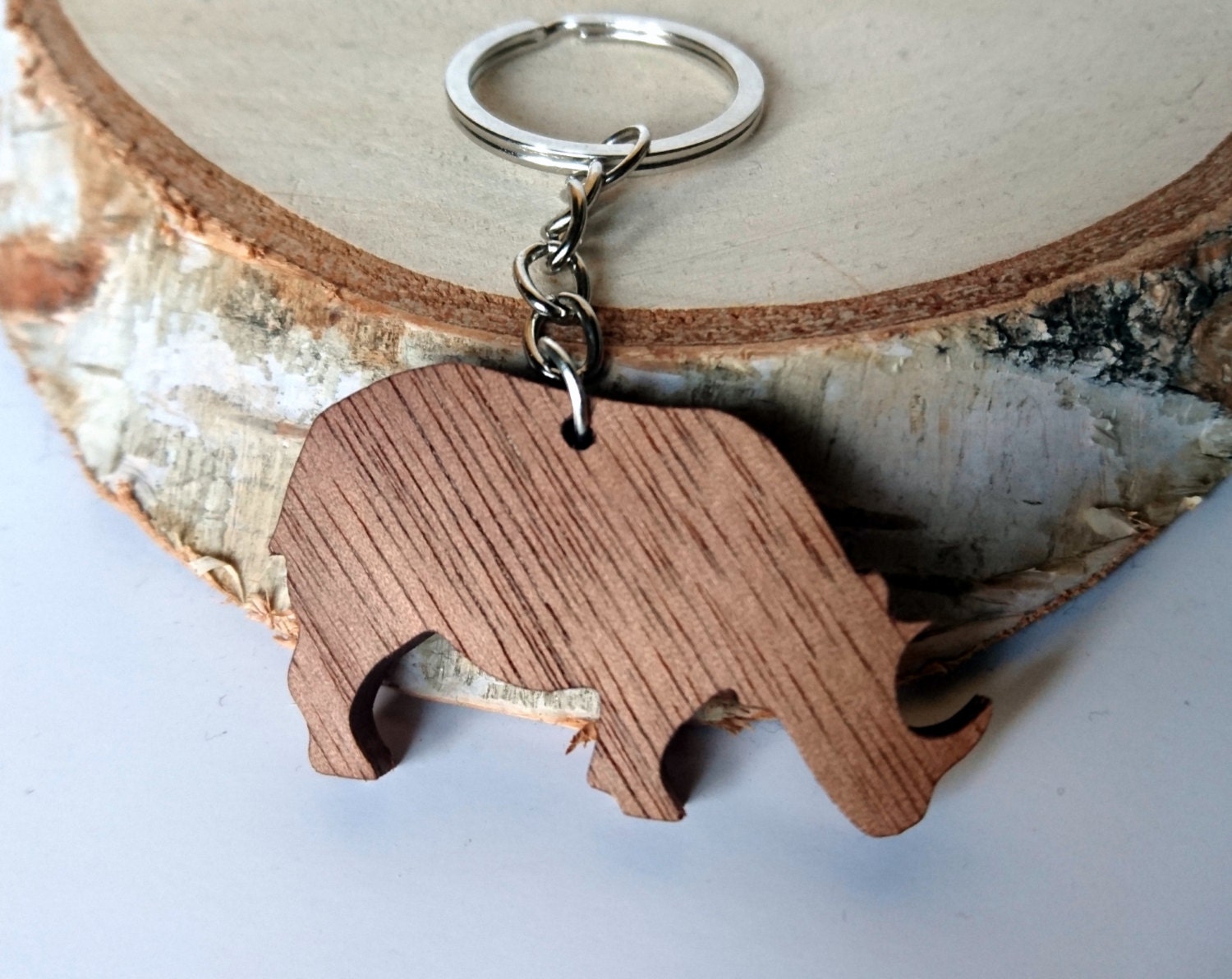 Wooden Rhino Keychain Walnut Wood Animal Keychain