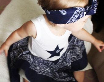 Dallas Cowboys inspired baby dress and headband, navy and gray Dallas girls bandana dress, Dallas Cowboys baby shower gift,
