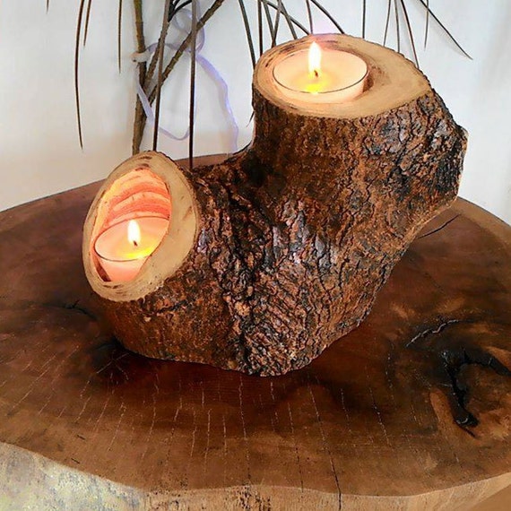 Decorative rustic Wood Candle Holder unique mulberry by Vegacity