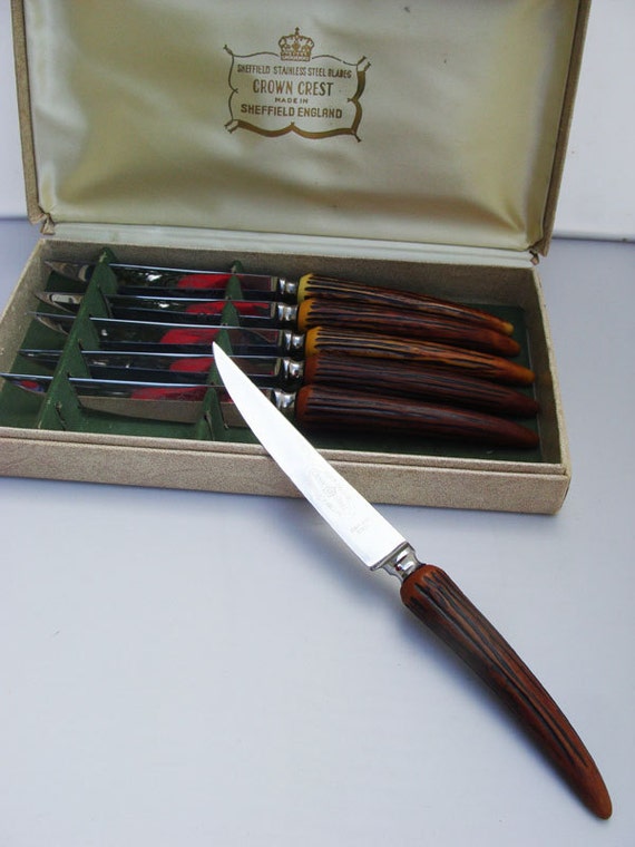 Vintage CROWN CREST Sheffield Stainless Steel Knives Set of 6