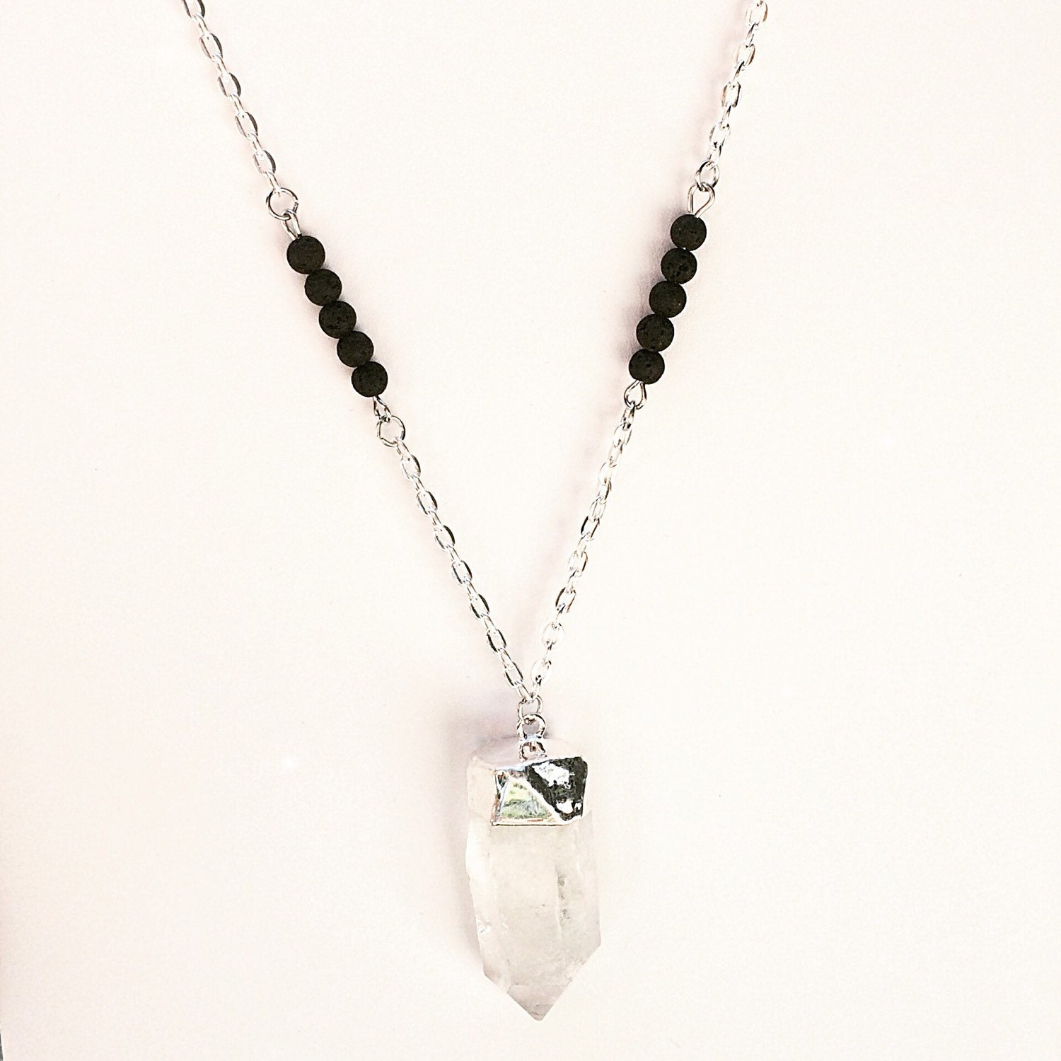 Crystal Quartz and Lava Stone Essential Oil Diffuser Necklace