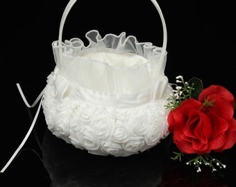 White Rose Bow Rosette Wedding Flower Girl Basket Ceremony Party Decoration