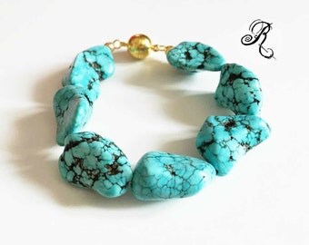 Boho-bracelet with blue turquoise semiprecious chunky nuggets
