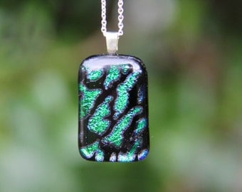 Emerald green and black dichroic glass pendant, dichroic glass necklace, emerald dichroic pendant, emerald fused glass pendant,