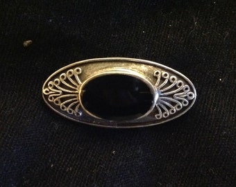 Vintage Sterling Silver and Onyx Brooch