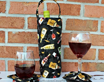 The Traveler’s Coaster Set & Insulated Wine Tote – Fabric Tote – Insulated Wine Tote – Single Bottle Carrier – Insulated Single Bottle Tote