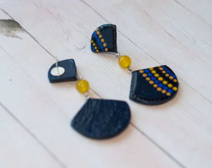 Dark blue earrings, Blue dangle earrings, Blue yellow earrings, Navy blue paper earrings, Hand-painted paper, Color dots, Geometric earrings