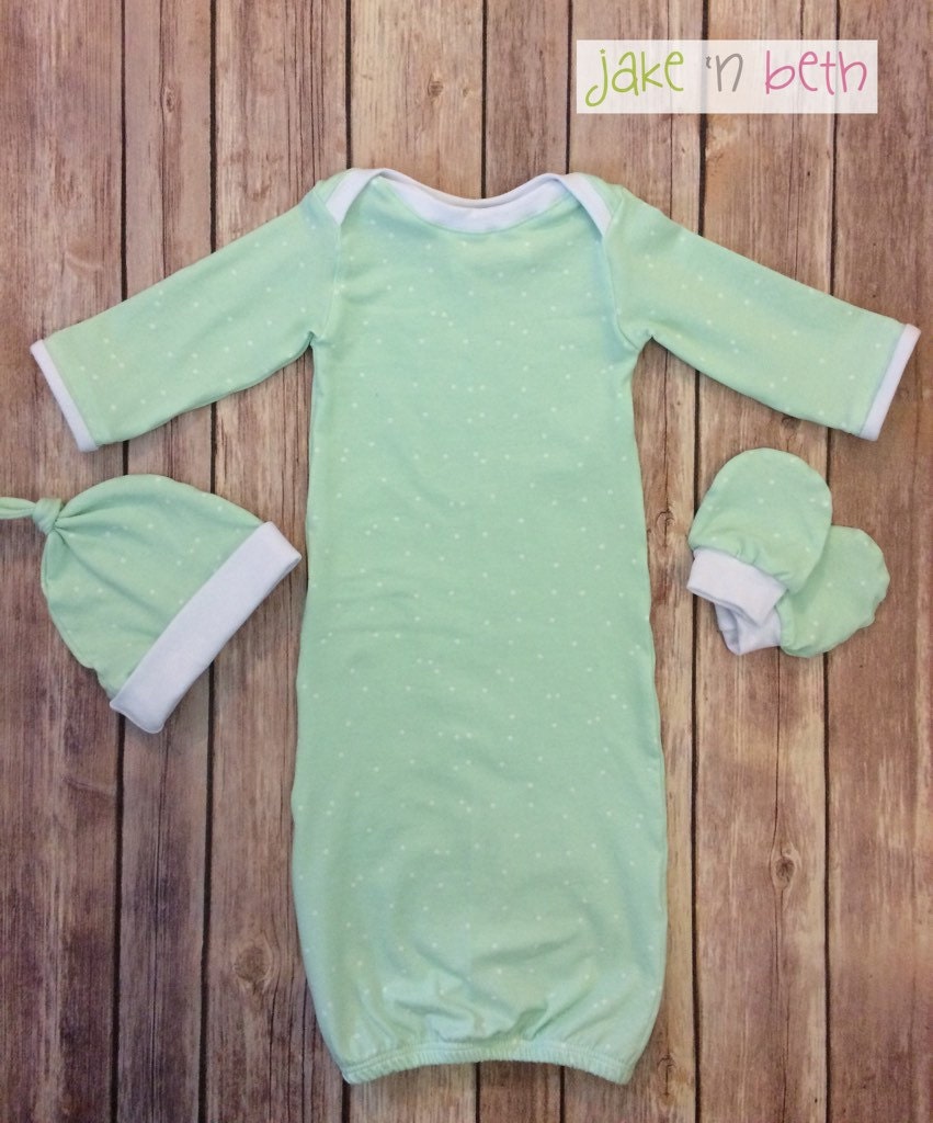 Gender neutral baby gown knot hat and no scratch by JakeAndBeth