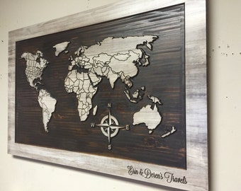 Family Name Sign Our Travels Wood Wall Art CARVED World Map Home Family Name Sign Our Travels Wood Wall Art CARVED World Map Home