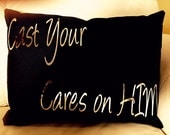 Cast Your Cares, Black And Gold Pillow, Gold Foil, Scripture, Inspiration